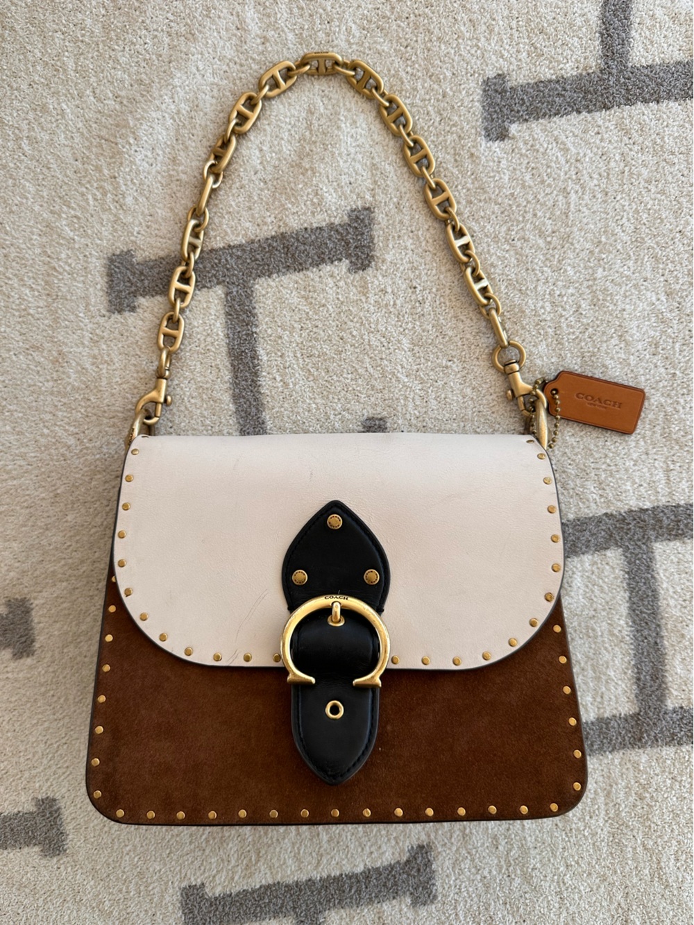 Coach Colorblock Leather Shoulder Bag in White, Brown and Black with Gold Chain